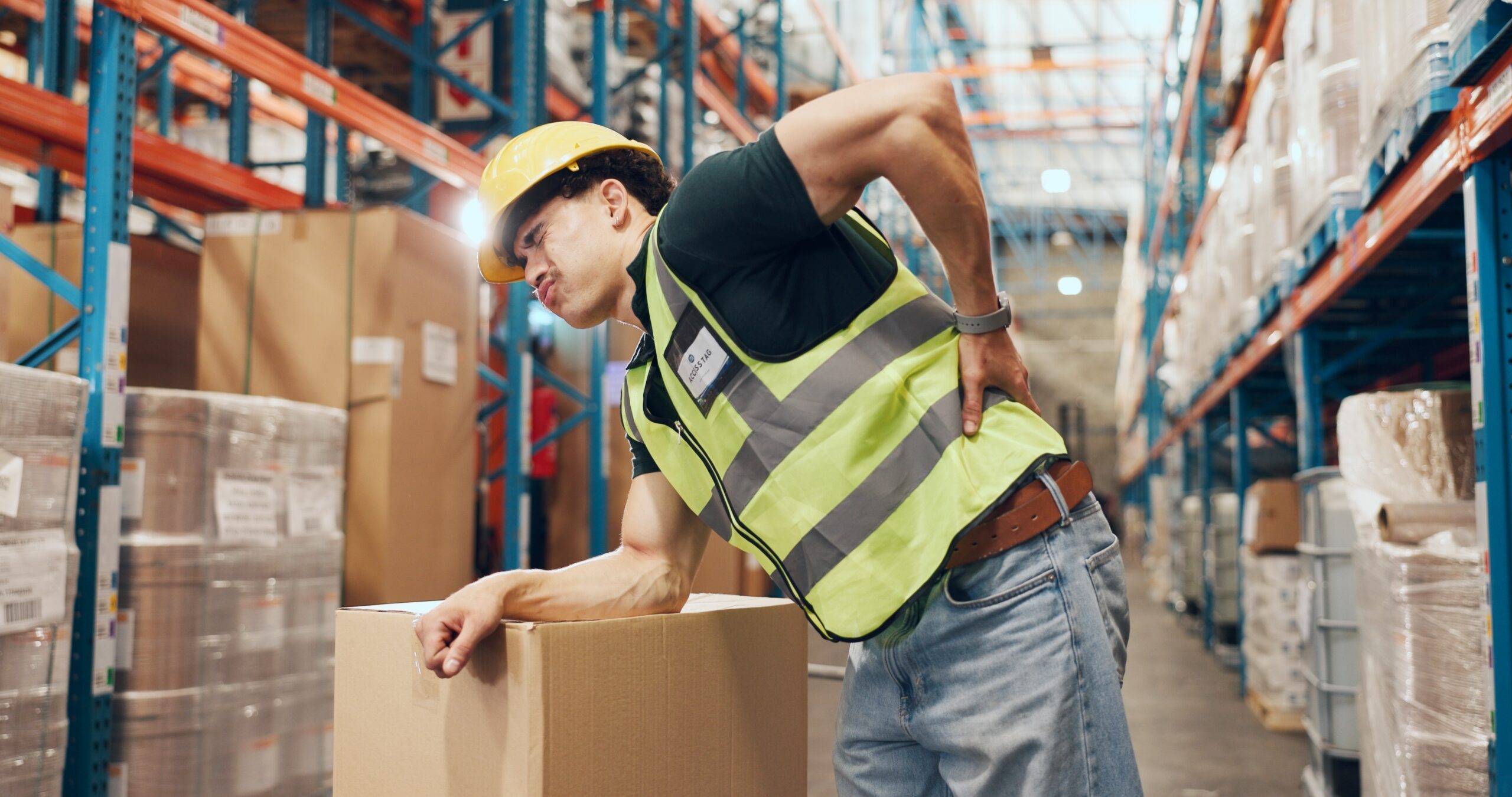 Logistics,,Loader,And,Man,With,Backache,In,Warehouse,,Injury,And